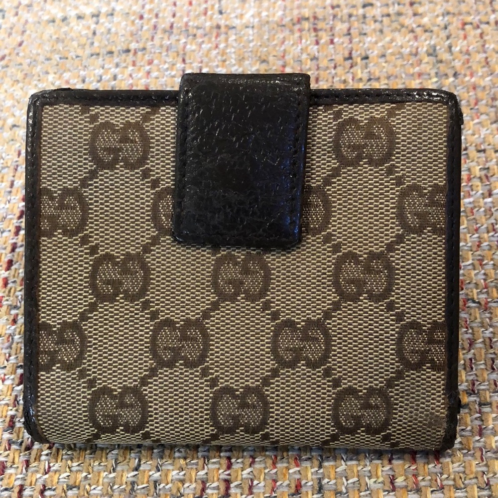 GUCCI GG Trifold Canvas Jacquard Wallet Tan Brown Leather Accent - Picture 3 of 17